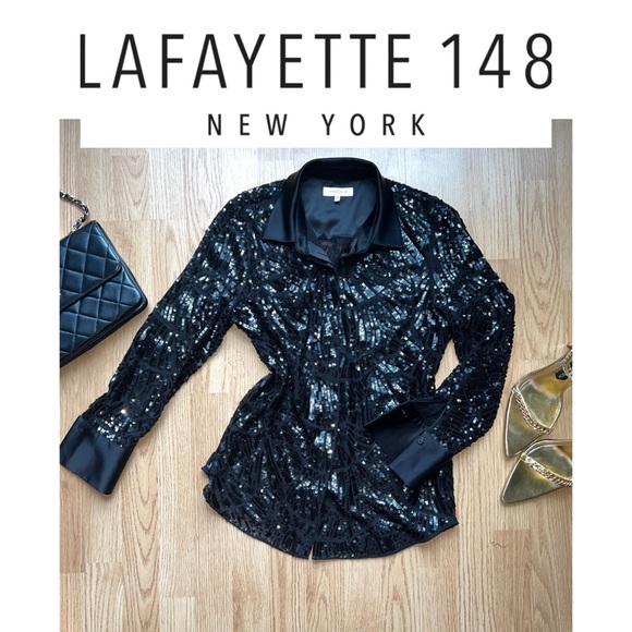 Lafayette 148 Scottie black blouse in terra sequin pattern - Picture 1 of 11